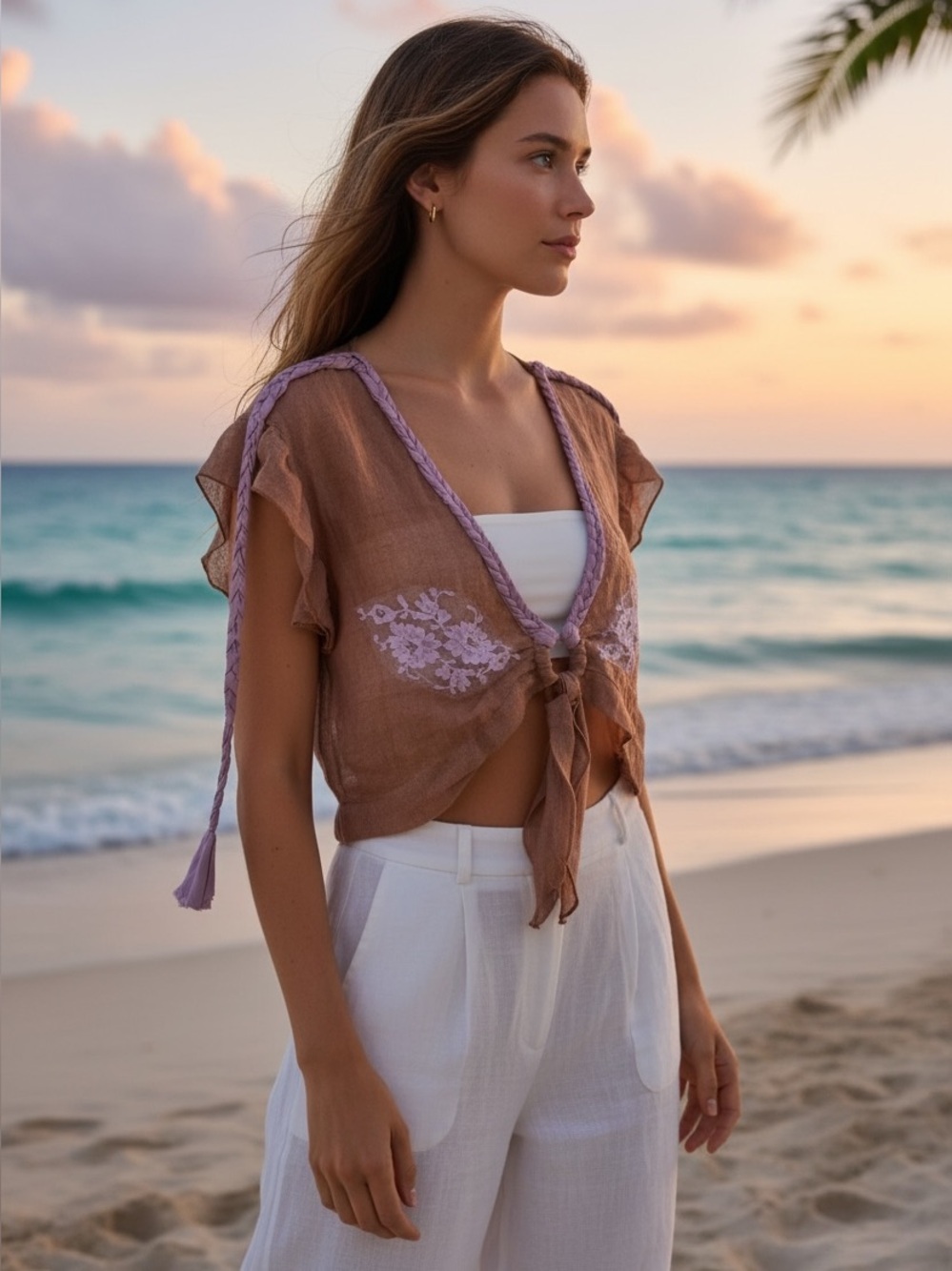Vanita Rosa / Paris St Barth Brown Purple Linen Top